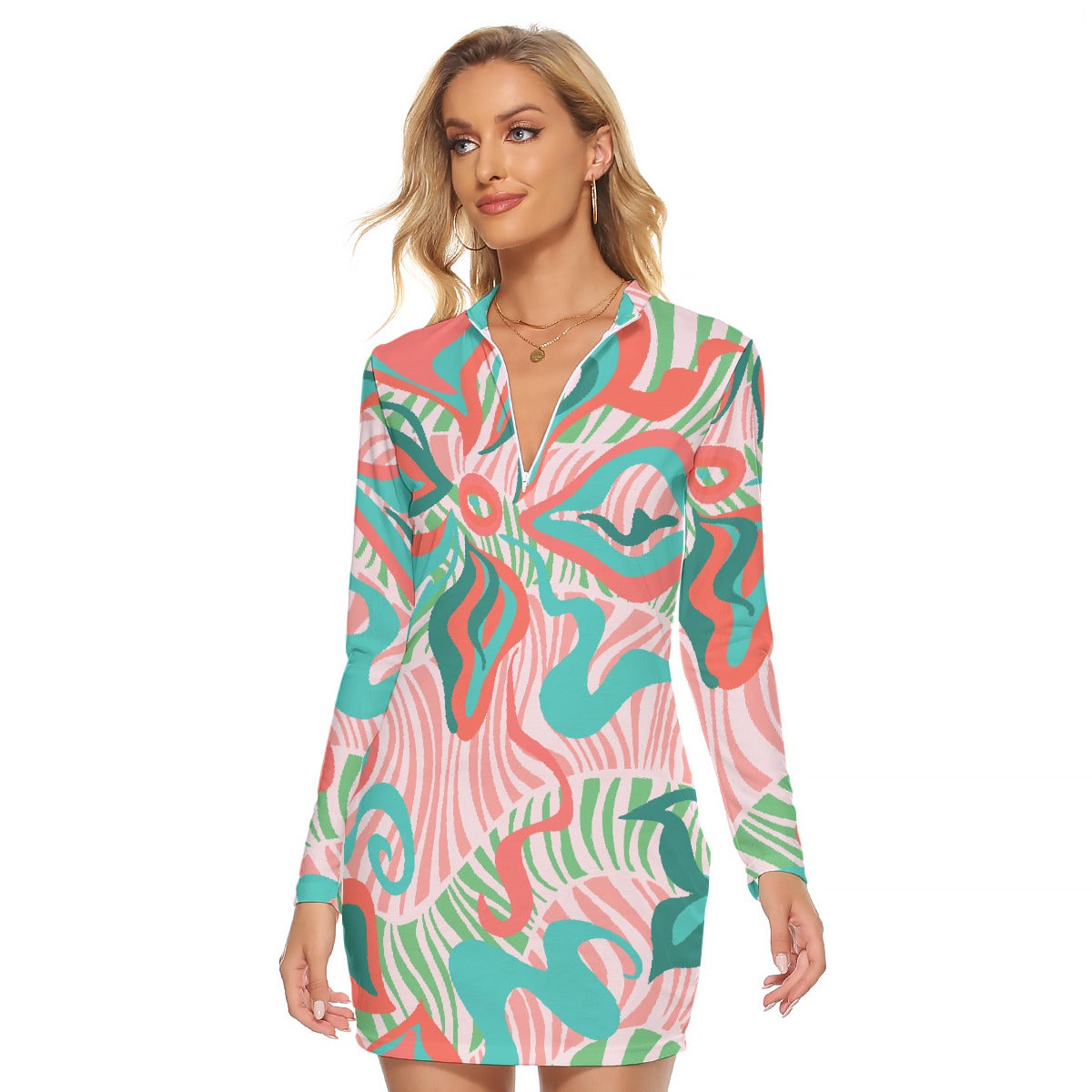 All-Over Print Women's Zip Front Tight Dress