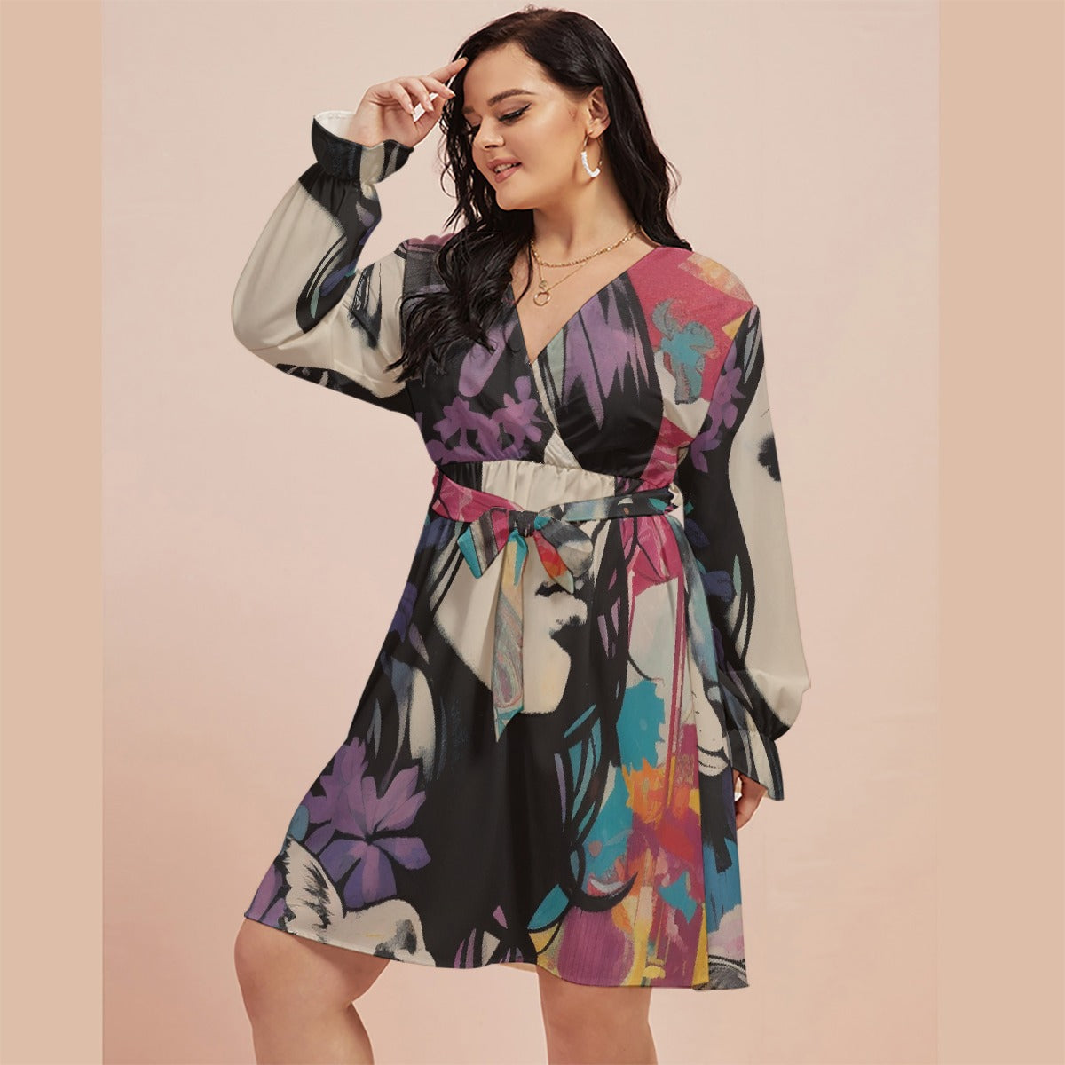 All-Over Print Women's V-neck Dress With Waistband(Plus Size)