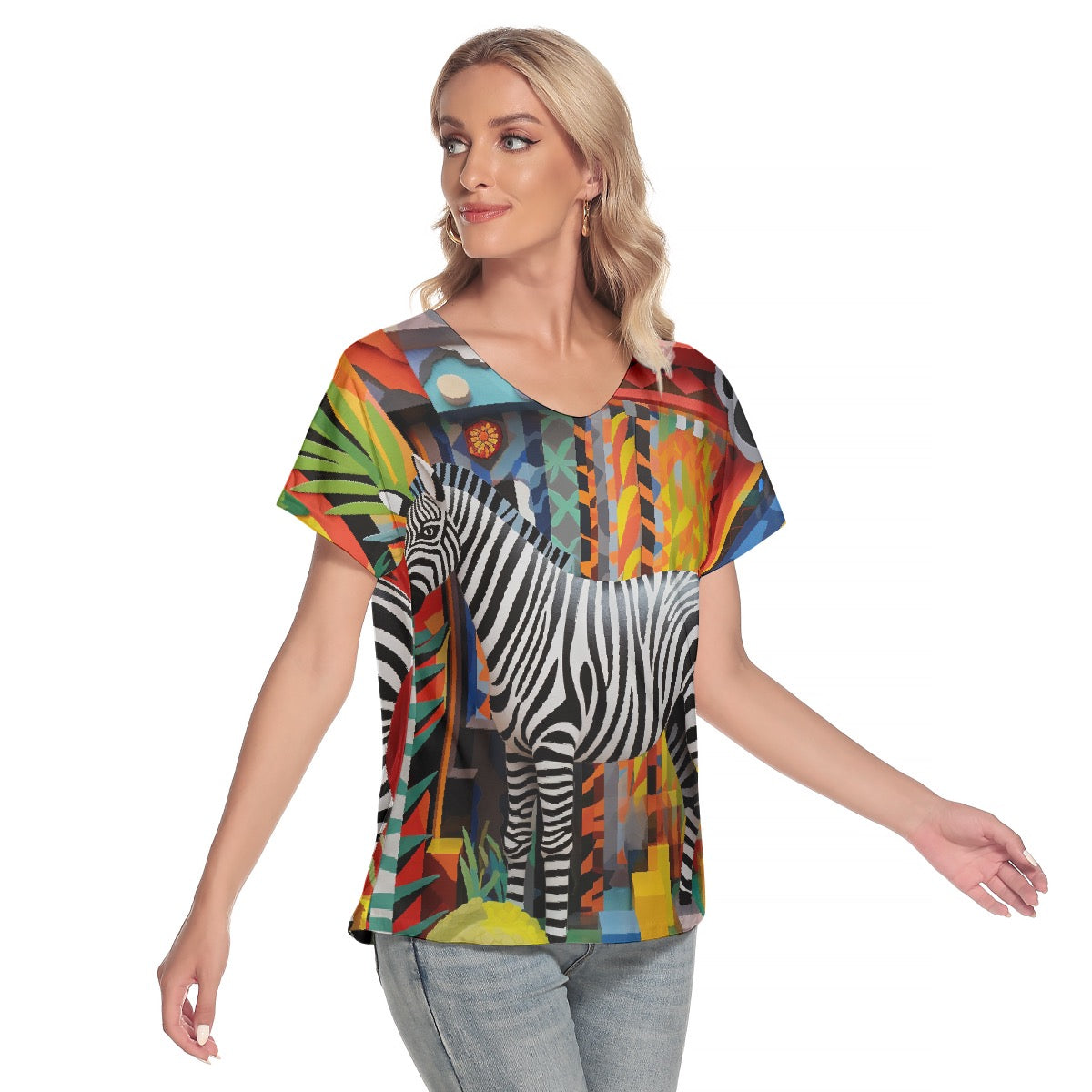 All-Over Print Women's Loose V-neck Short Sleeve T-shirt