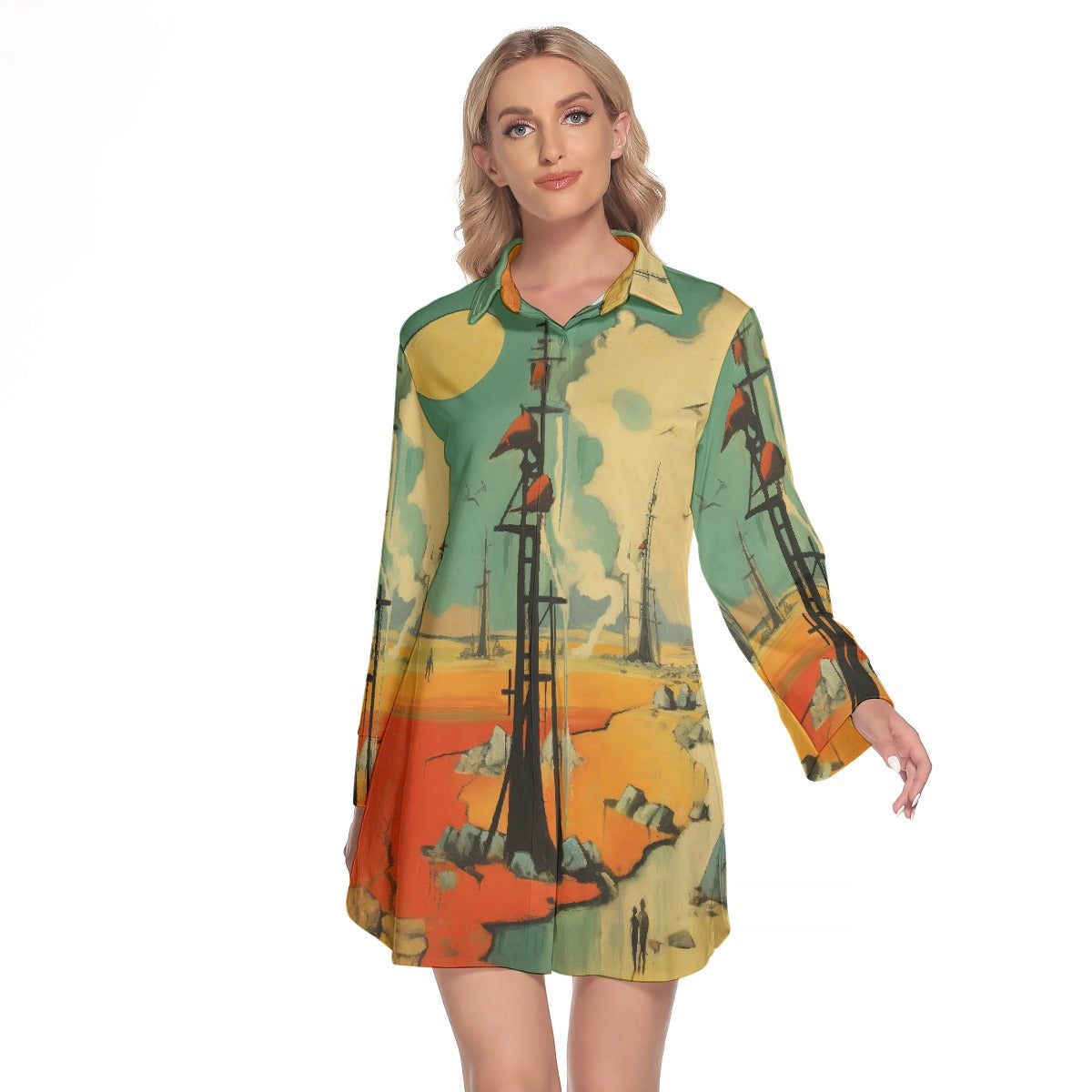 All-Over Print Women's Lapel Shirt Dress With Long Sleeve