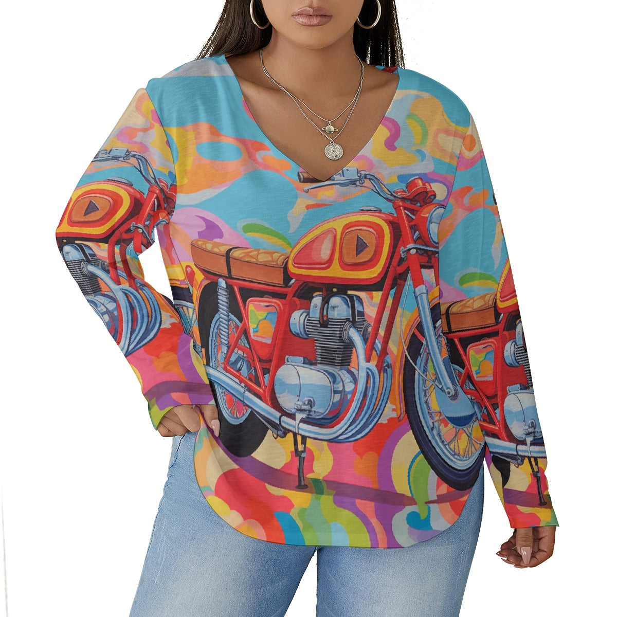 All-Over Print Women's V-neck T-shirt With Curved Hem(Plus Size)