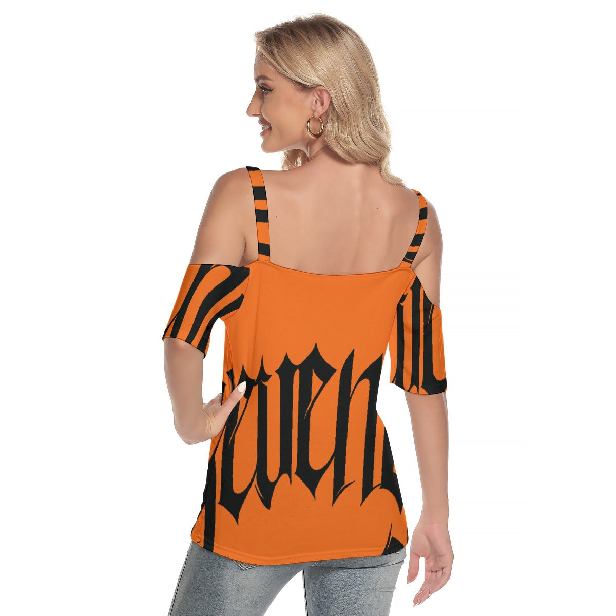 All-Over Print Women's Cold Shoulder T-shirt With Criss Cross Strips