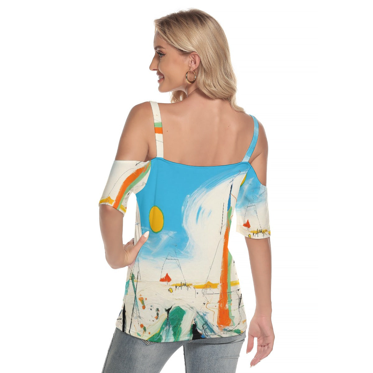 All-Over Print Women's Cold Shoulder T-shirt With Criss Cross Strips