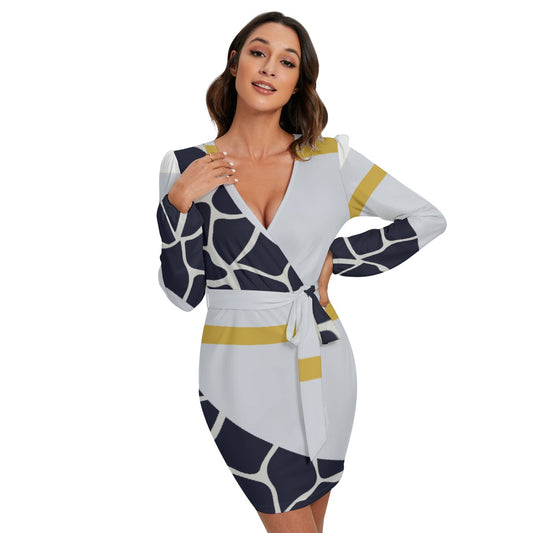 All-Over Print Women's Long Sleeve Dress With Waist Belt