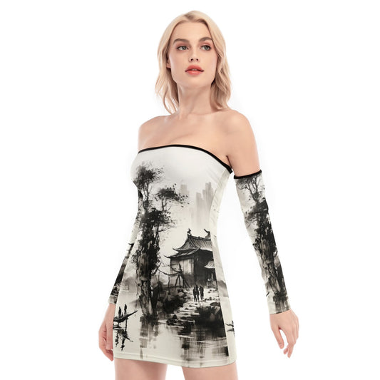 All-Over Print Women's Off-shoulder Back Lace-up Dress