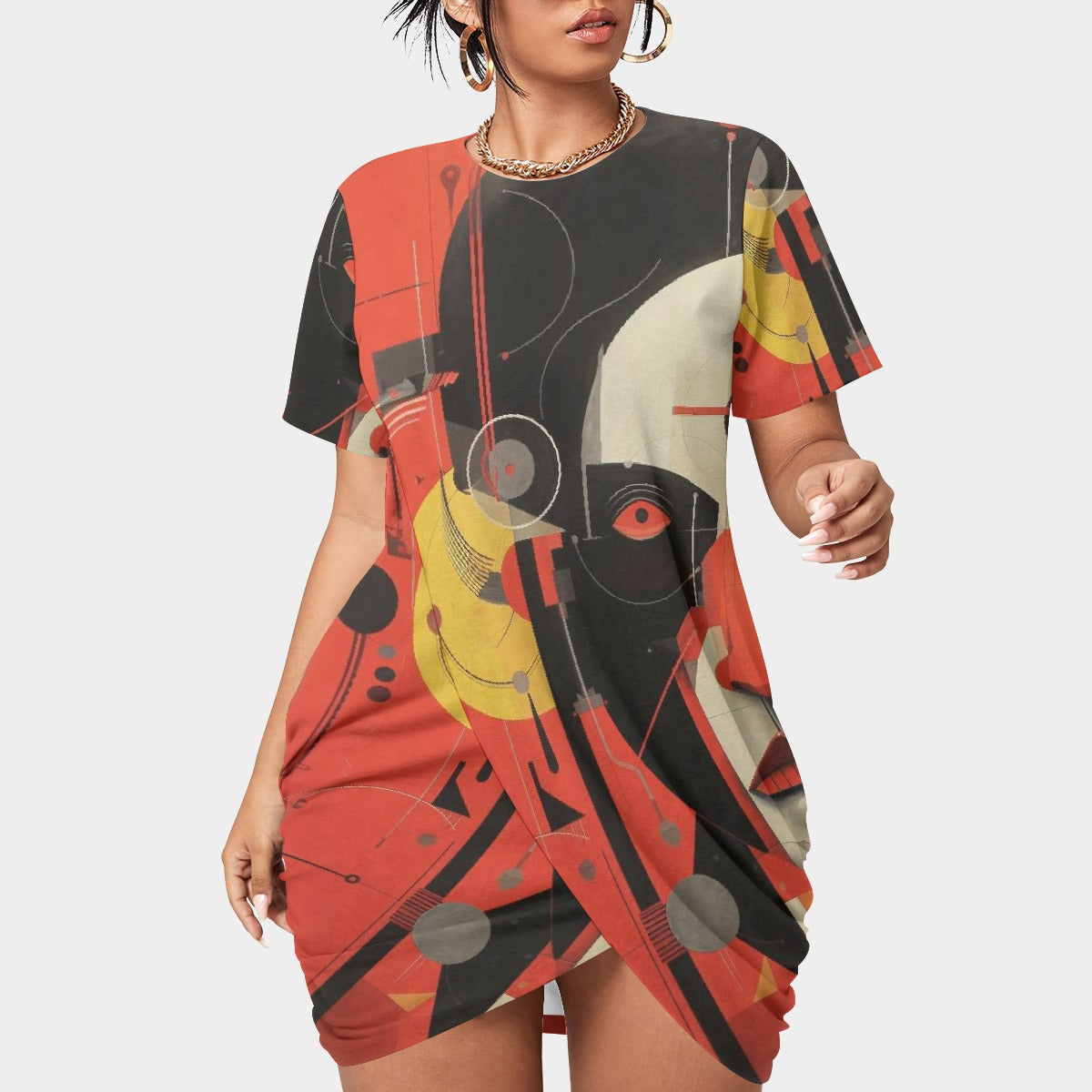 All-Over Print Women’s Stacked Hem Dress With Short Sleeve（Plus Size）