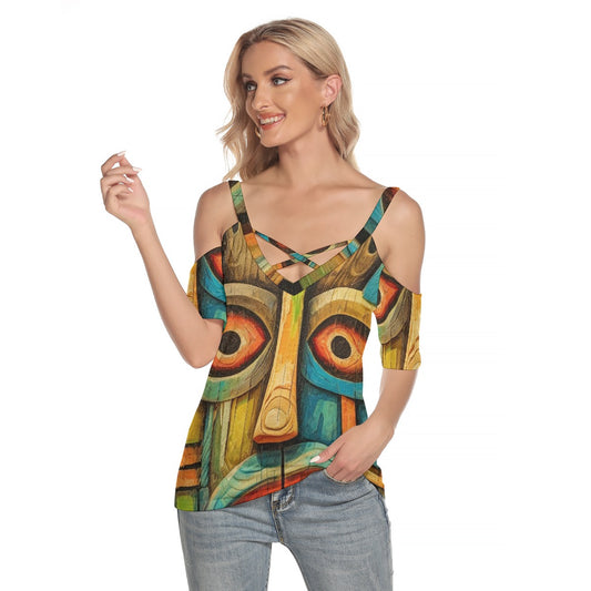 All-Over Print Women's Cold Shoulder T-shirt With Criss Cross Strips