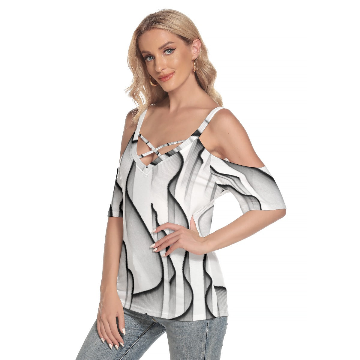 All-Over Print Women's Cold Shoulder T-shirt With Criss Cross Strips