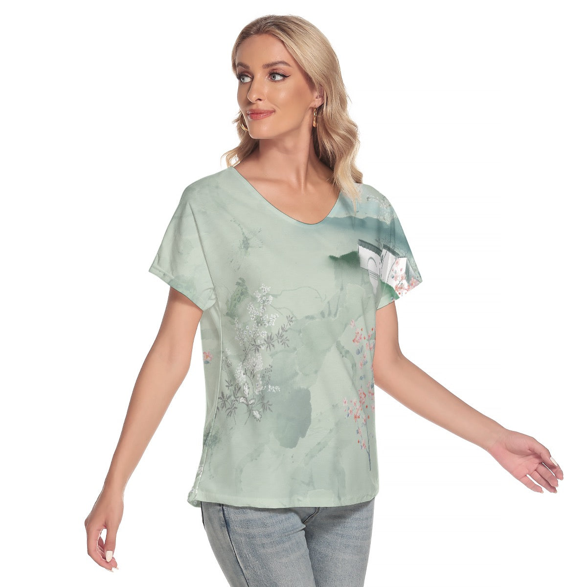 All-Over Print Women's Loose V-neck Short Sleeve T-shirt