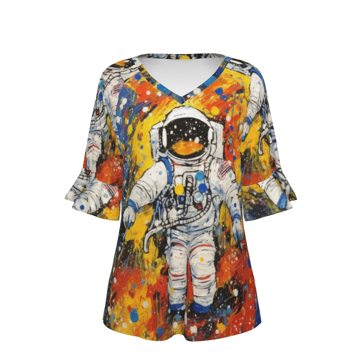 All-Over Print V-neck Women's T-shirt With Bell Sleeve