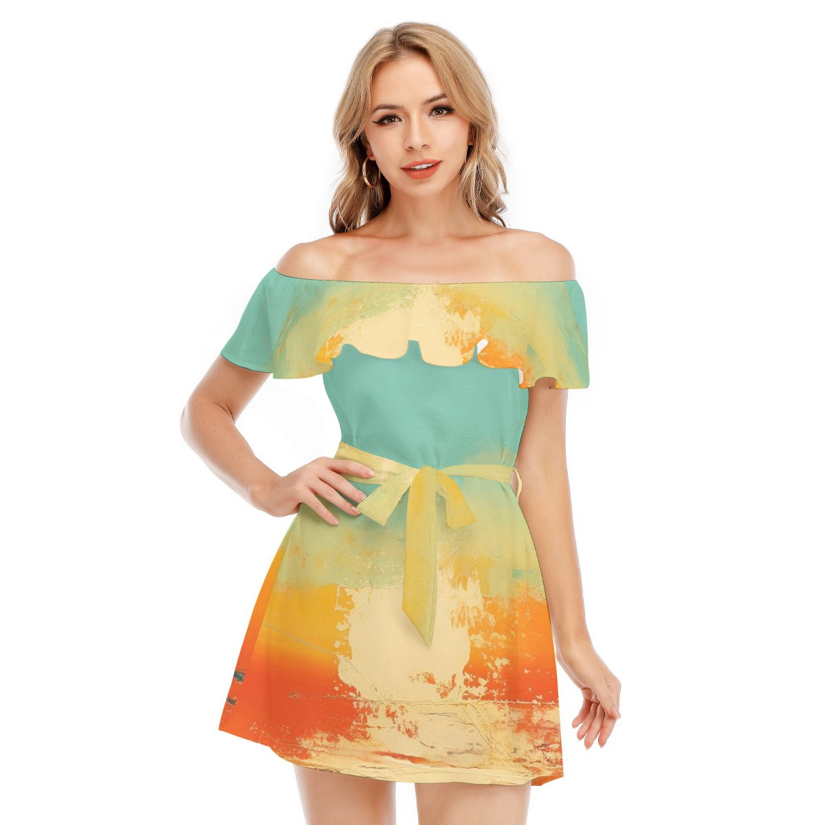 All-Over Print Women's Off-shoulder Dress With Ruffle