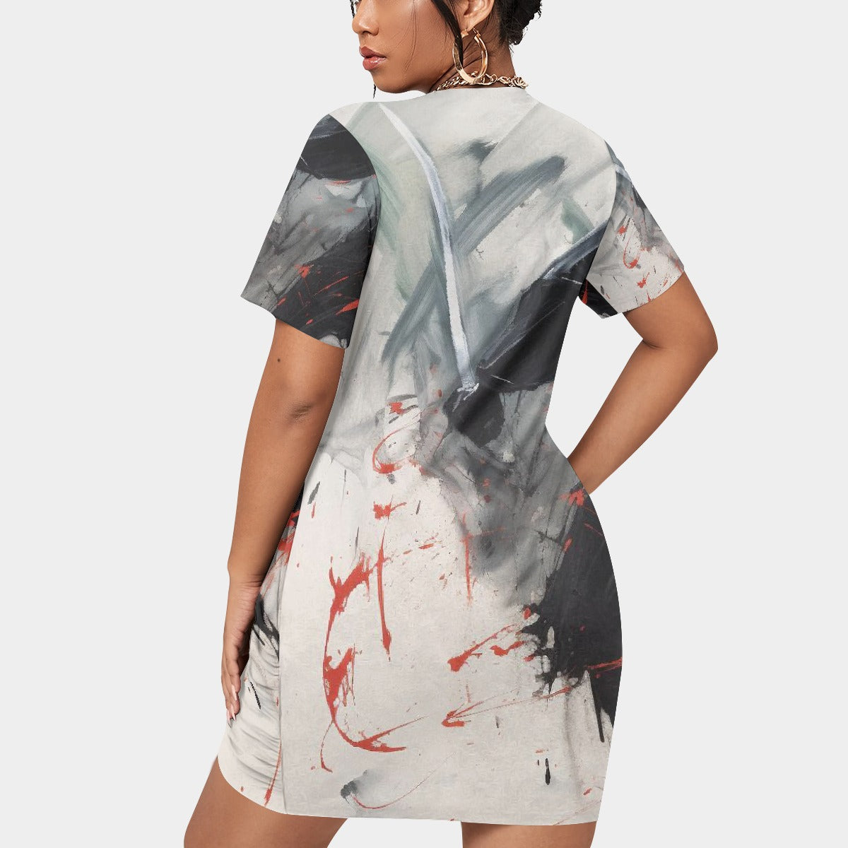 All-Over Print Women’s Stacked Hem Dress With Short Sleeve（Plus Size）