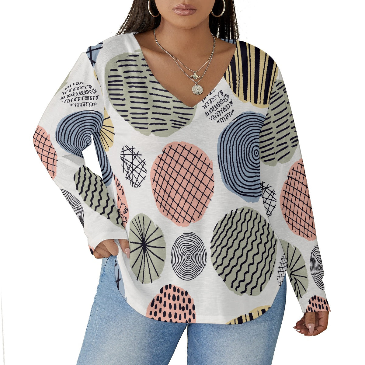 All-Over Print Women's V-neck T-shirt With Curved Hem(Plus Size)