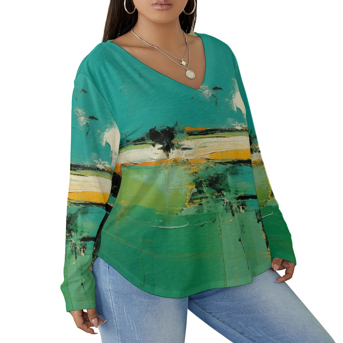 All-Over Print Women's V-neck T-shirt With Curved Hem(Plus Size)