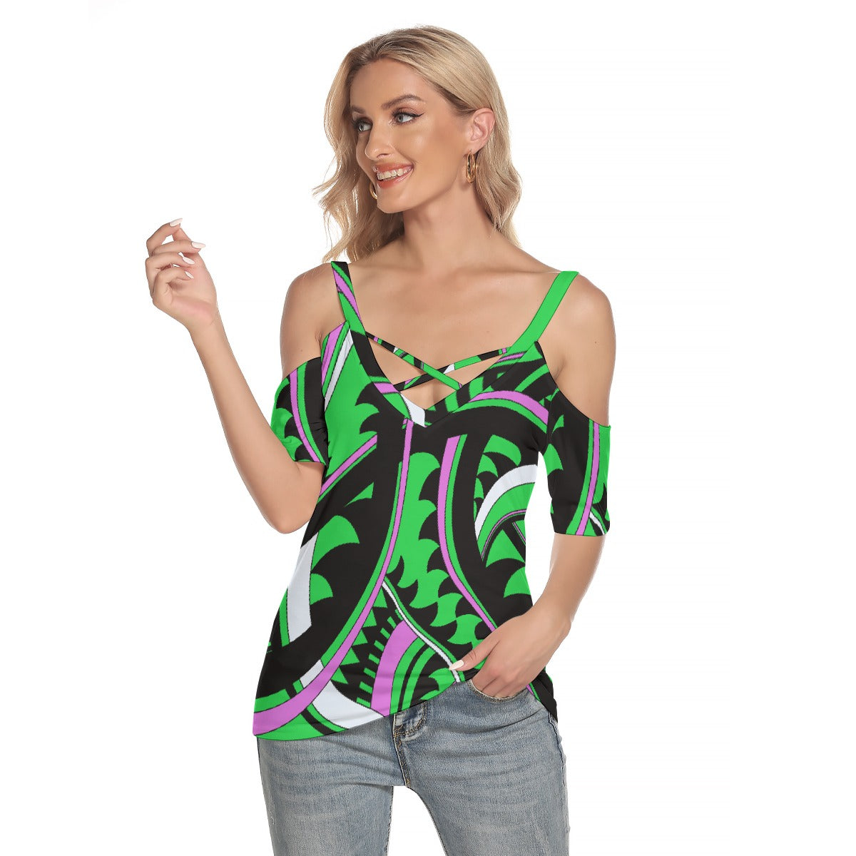 All-Over Print Women's Cold Shoulder T-shirt With Criss Cross Strips