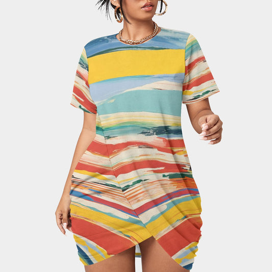 All-Over Print Women’s Stacked Hem Dress With Short Sleeve（Plus Size）