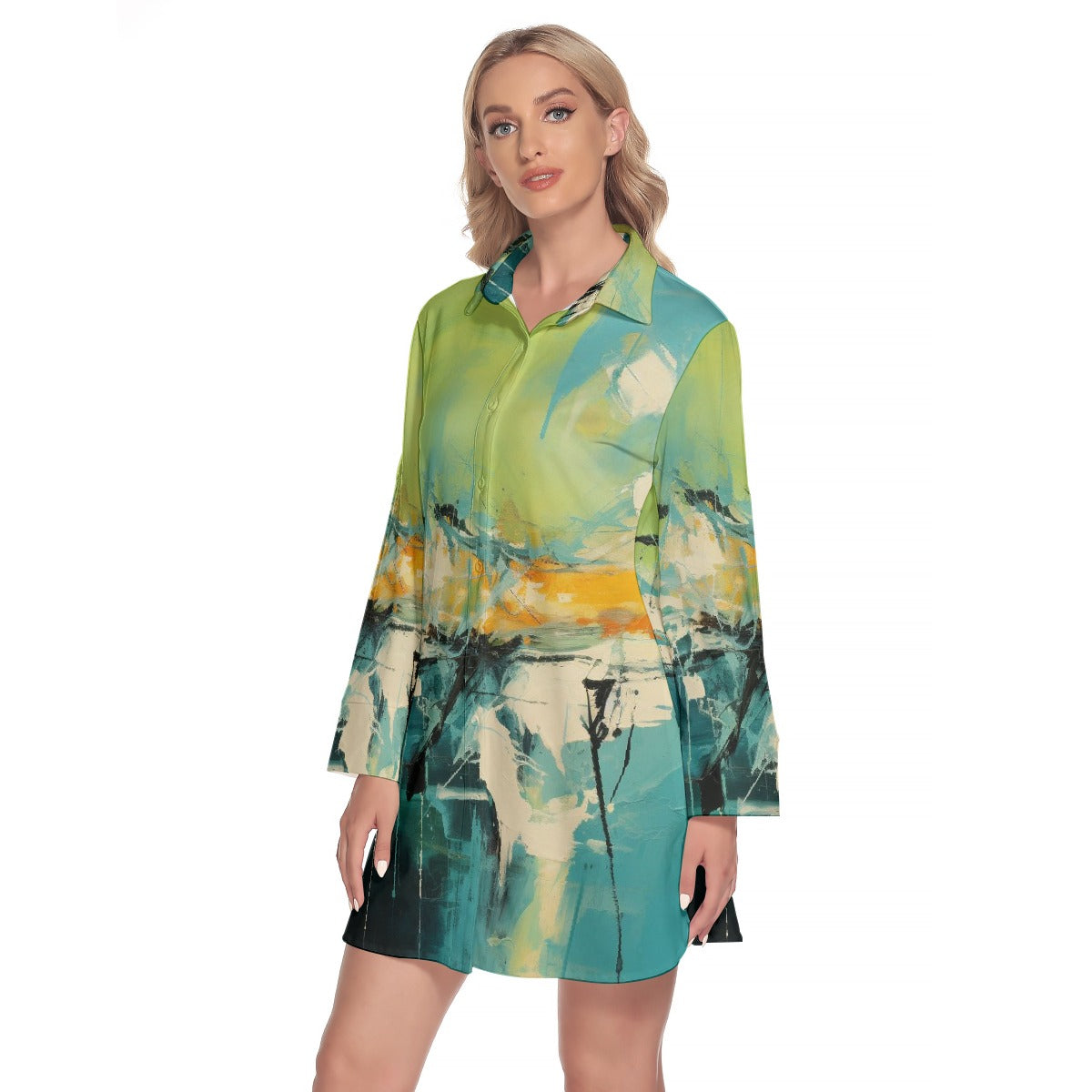 All-Over Print Women's Lapel Shirt Dress With Long Sleeve