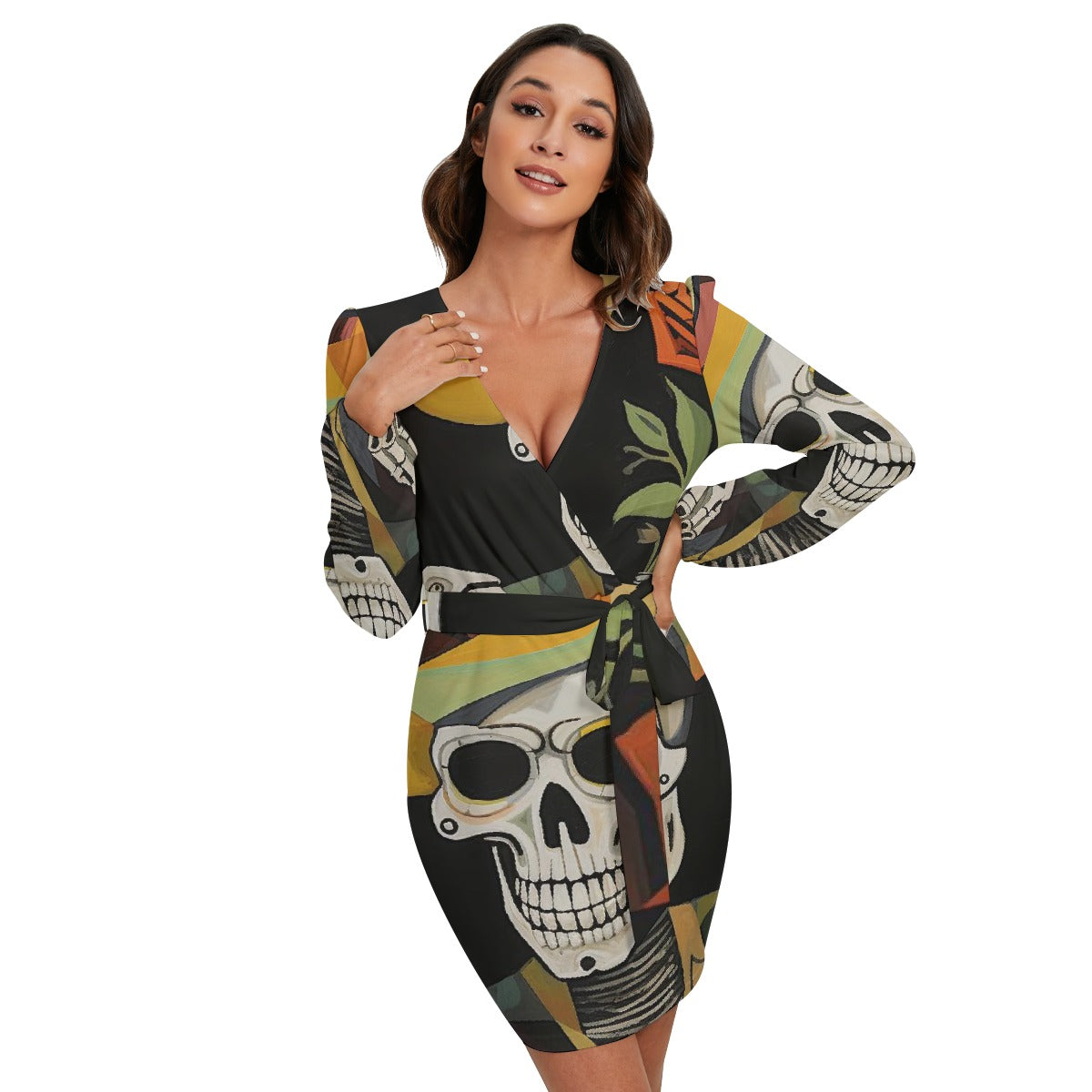 All-Over Print Women's Long Sleeve Dress With Waist Belt