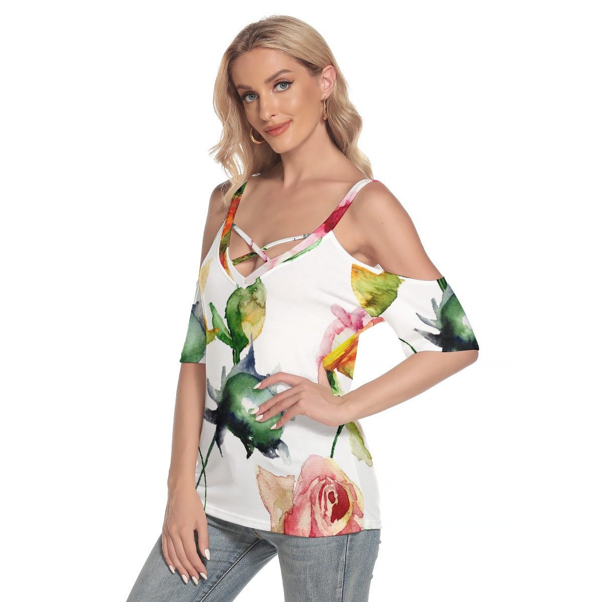 All-Over Print Women's Cold Shoulder T-shirt With Criss Cross Strips