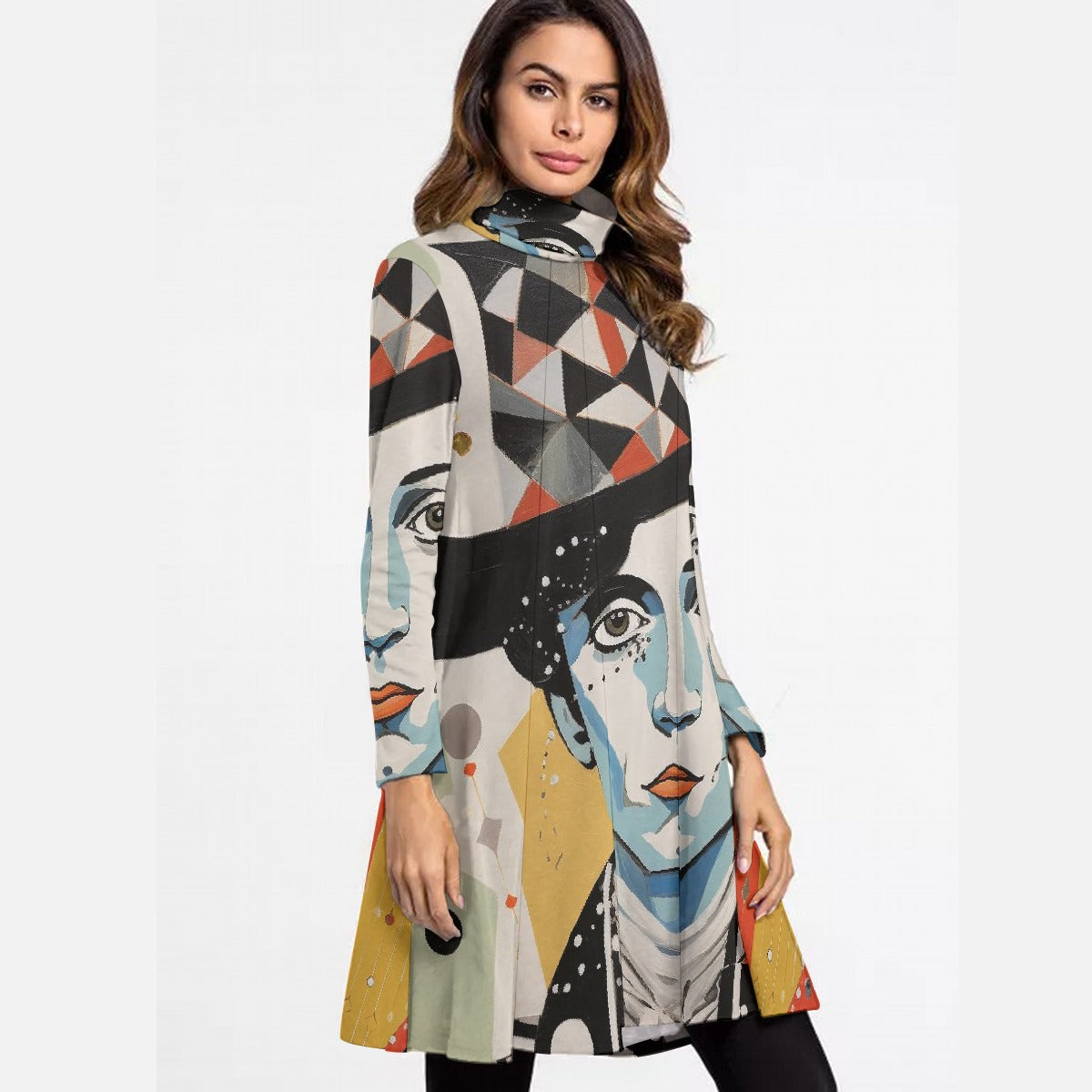 All-Over Print Women's High Neck Dress With Long Sleeve