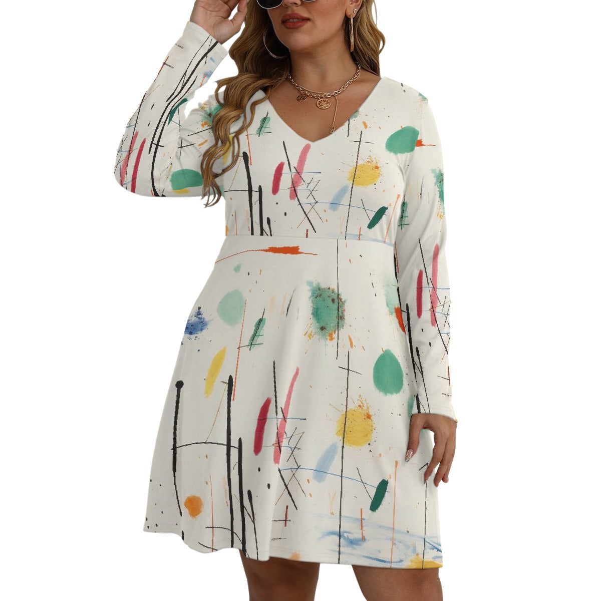 All-Over Print Women's V-neck Long Sleeve Dress(Plus Size)