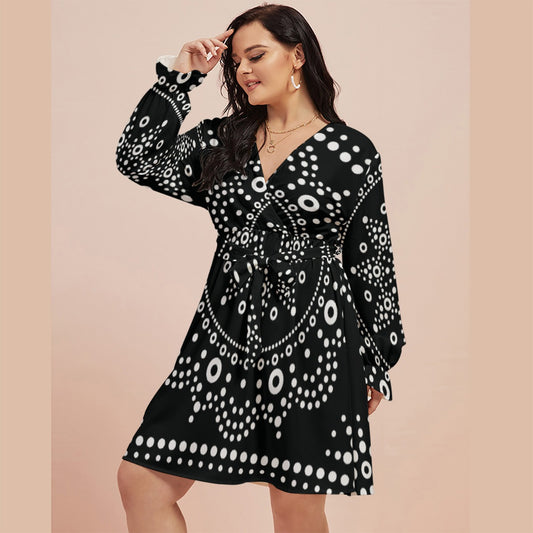 All-Over Print Women's V-neck Dress With Waistband(Plus Size)