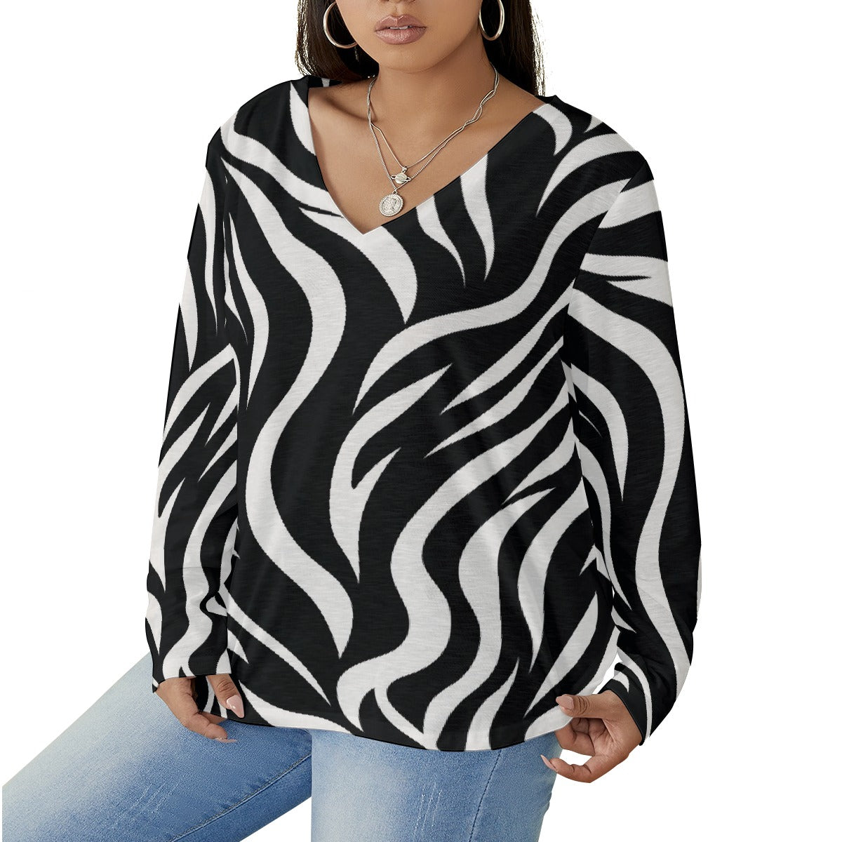 All-Over Print Women's V-neck T-shirt With Curved Hem(Plus Size)