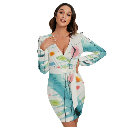 All-Over Print Women's Long Sleeve Dress With Waist Belt