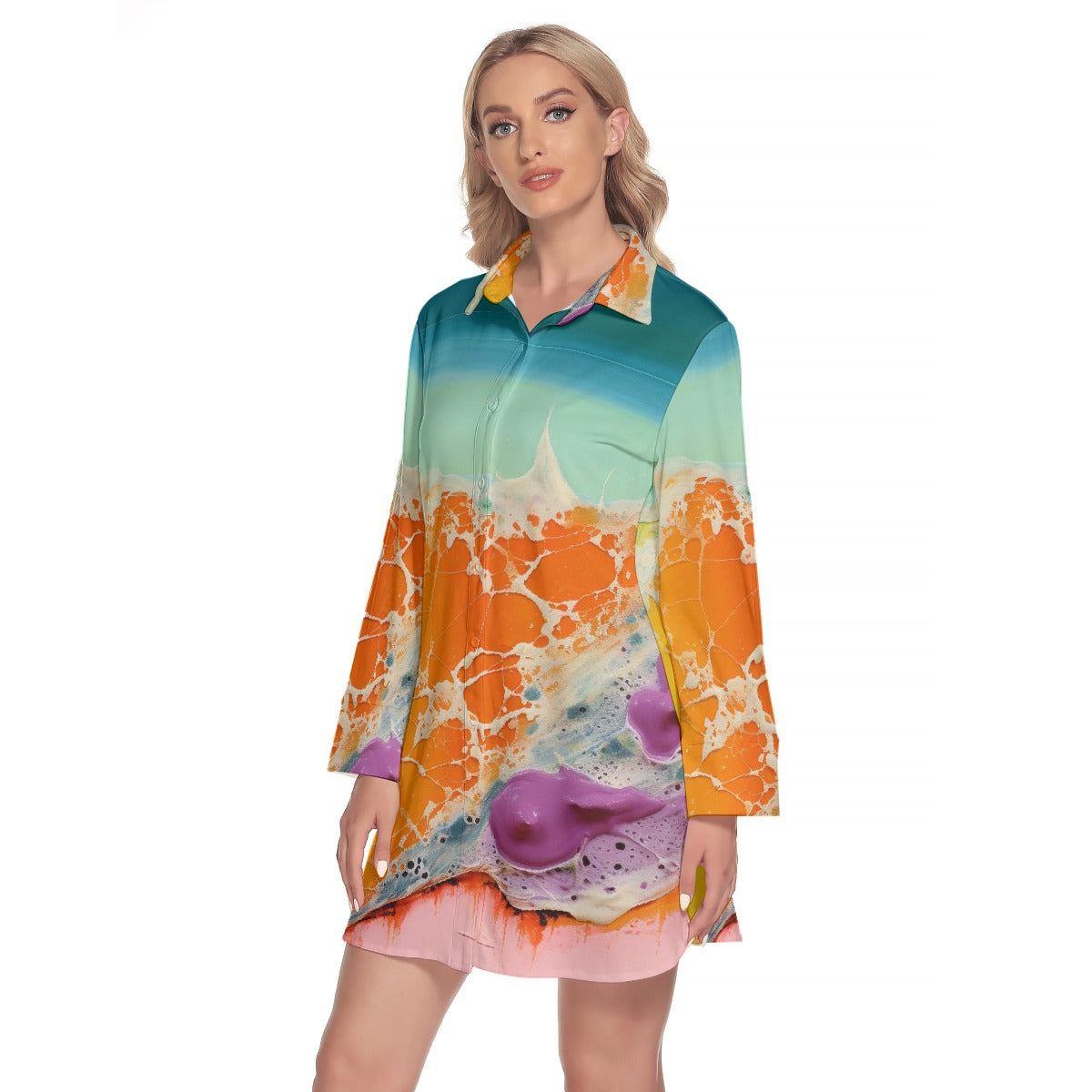 All-Over Print Women's Lapel Shirt Dress With Long Sleeve