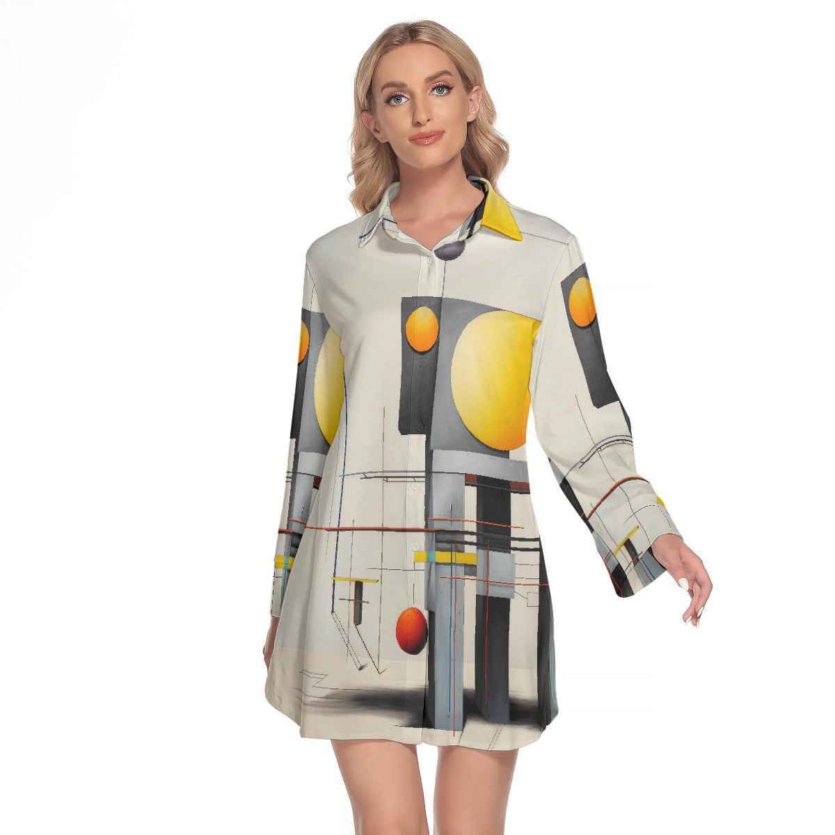 All-Over Print Women's Lapel Shirt Dress With Long Sleeve