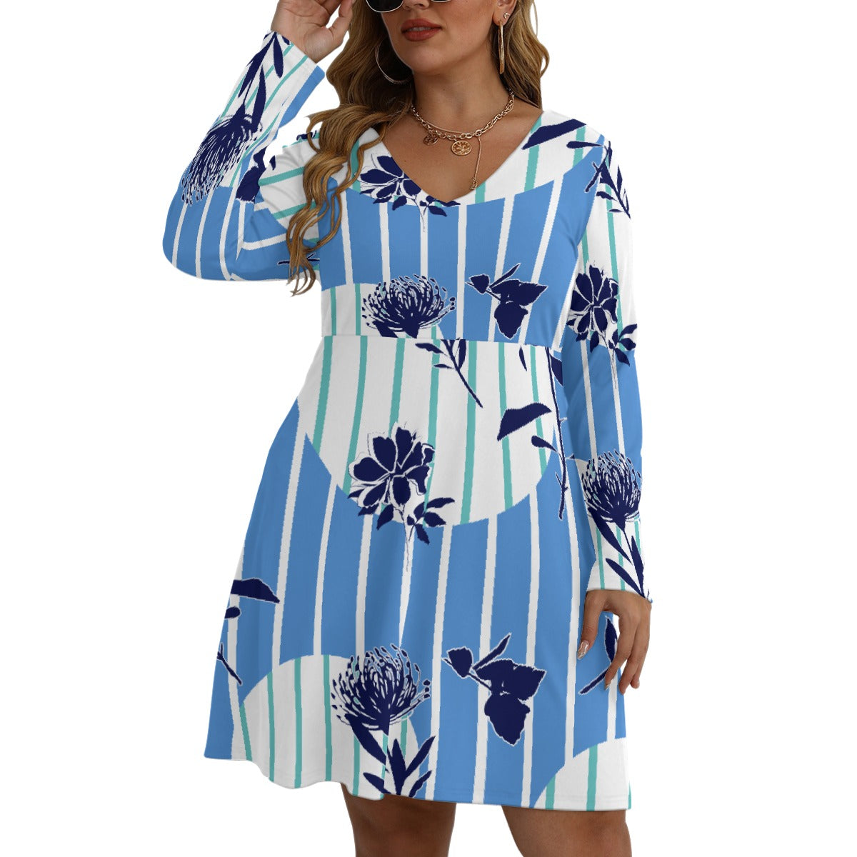 All-Over Print Women's V-neck Long Sleeve Dress(Plus Size)