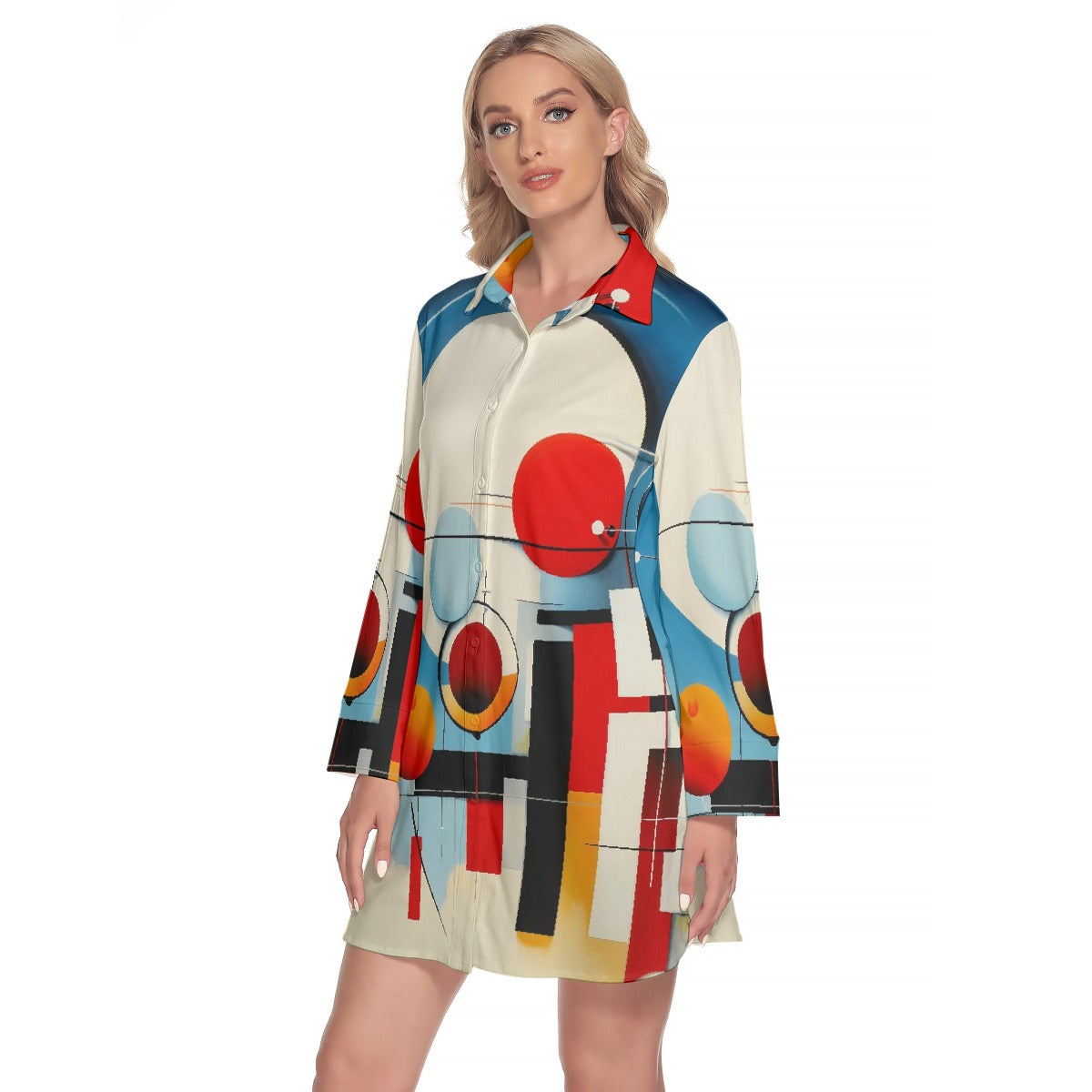 All-Over Print Women's Lapel Shirt Dress With Long Sleeve