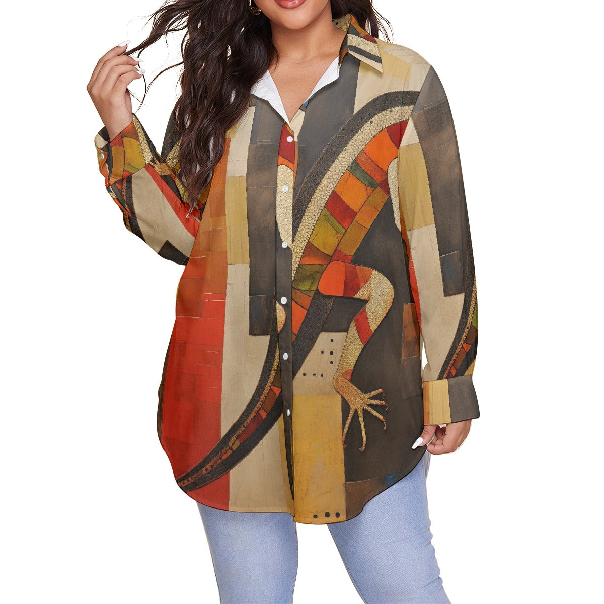 All-Over Print Women's Shirt With Long Sleeve(Plus Size)