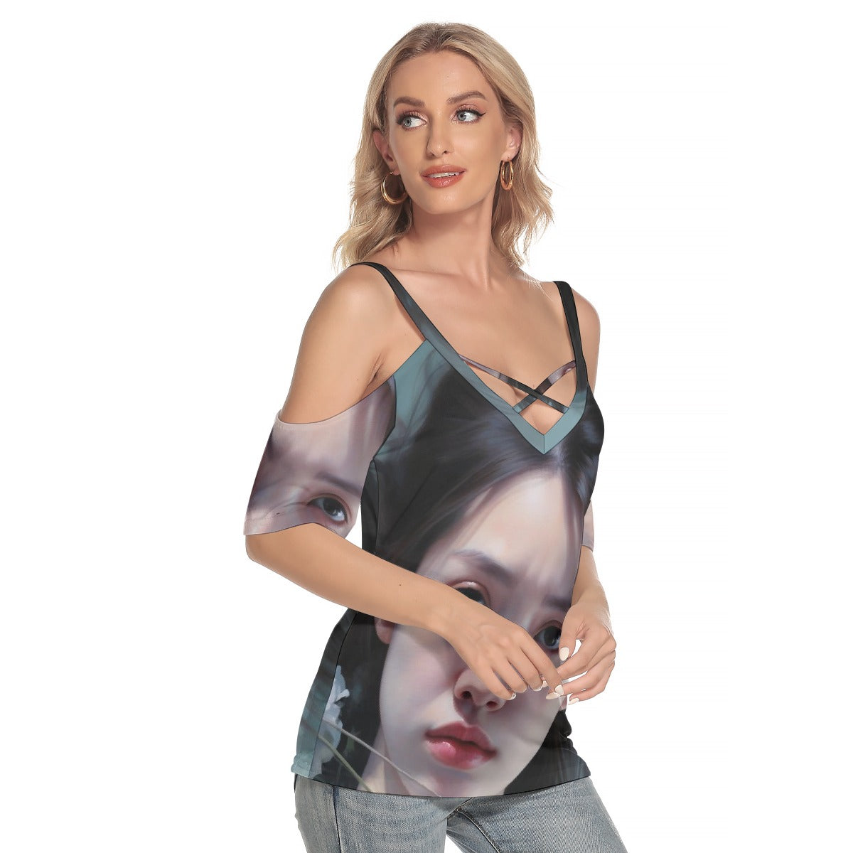 All-Over Print Women's Cold Shoulder T-shirt With Criss Cross Strips