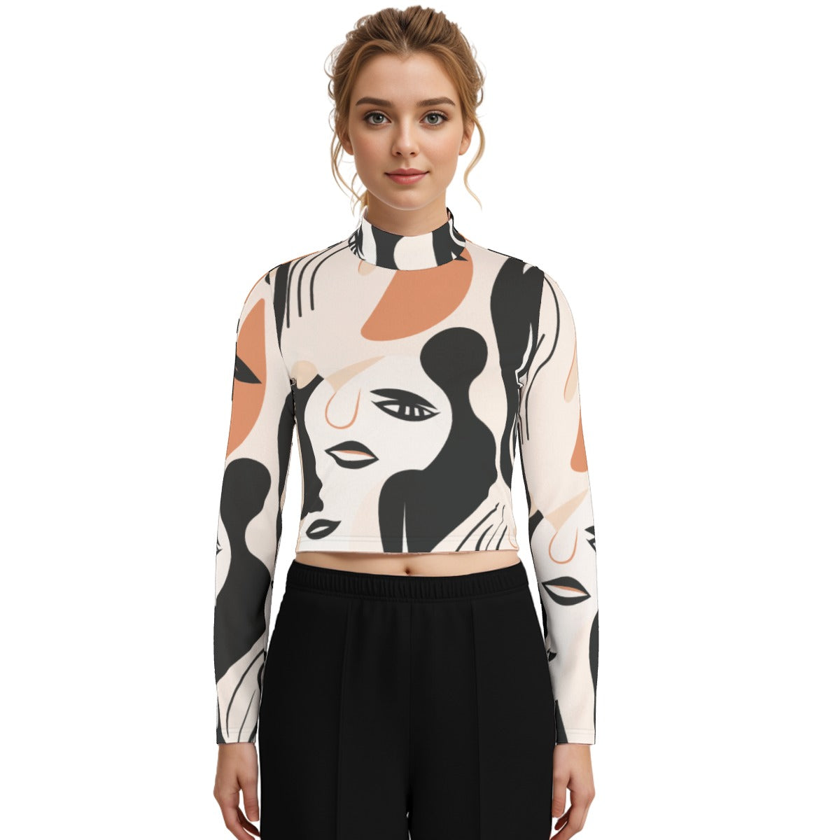 Eco-Friendly All-Over Print Women's Turtleneck T-shirt With Long Sleeve