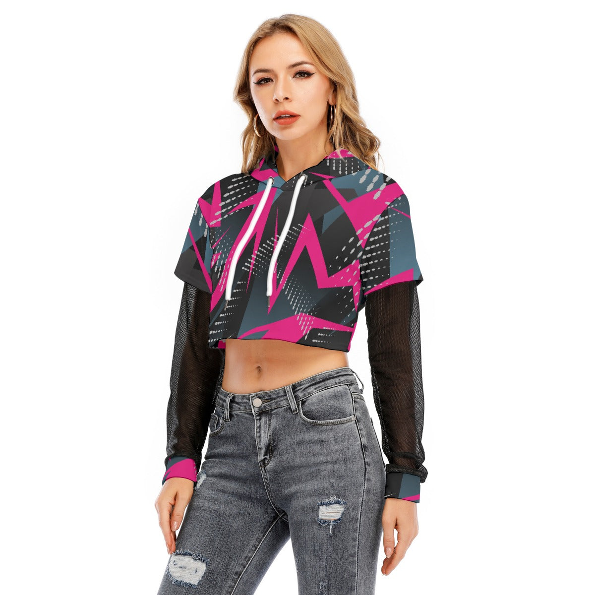 All-Over Print Women's Fake Two-piece Mesh Sleeve Cropped Hoodie