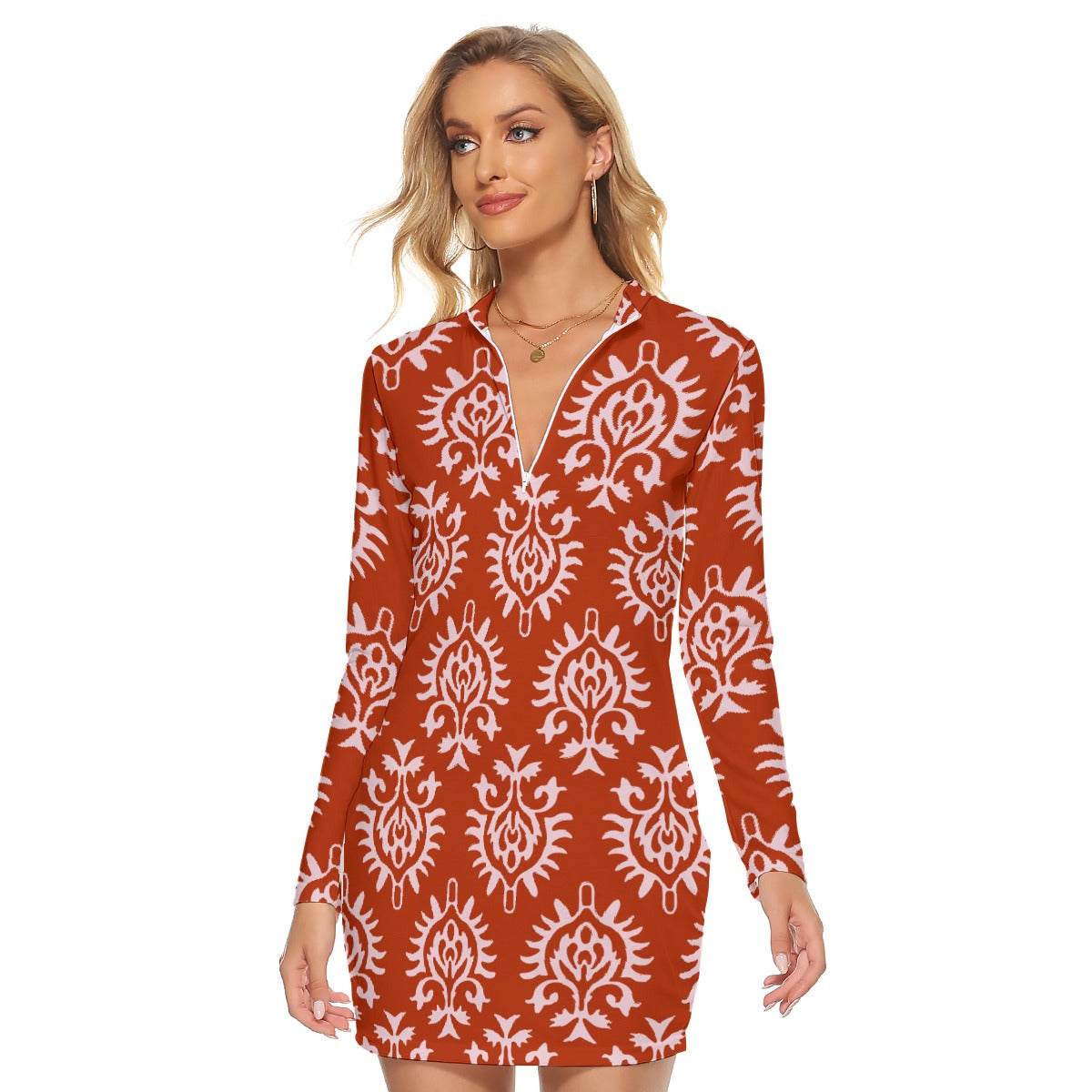 All-Over Print Women's Zip Front Tight Dress