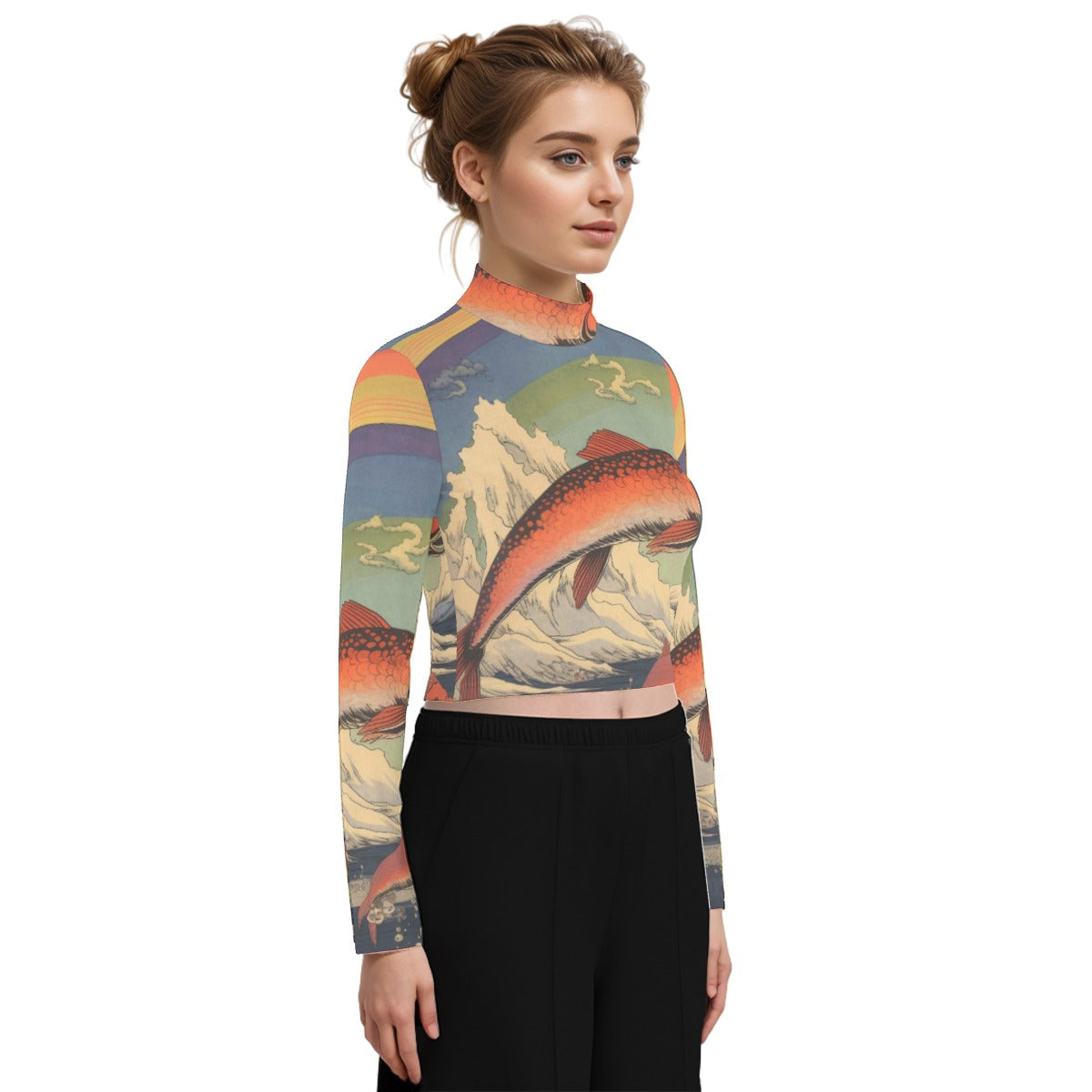 Eco-Friendly All-Over Print Women's Turtleneck T-shirt With Long Sleeve