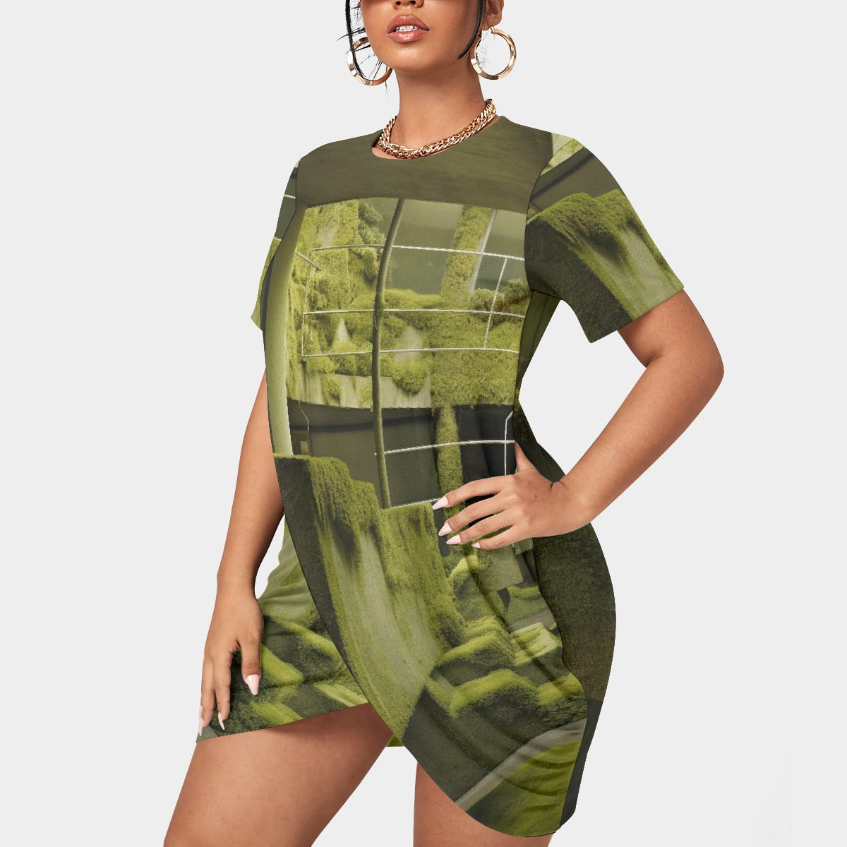 All-Over Print Women’s Stacked Hem Dress With Short Sleeve（Plus Size）