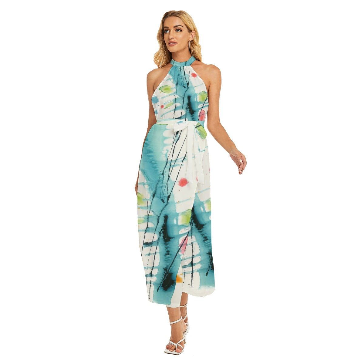 All-Over Print Women's Wrap Hem Belted Halter Dress