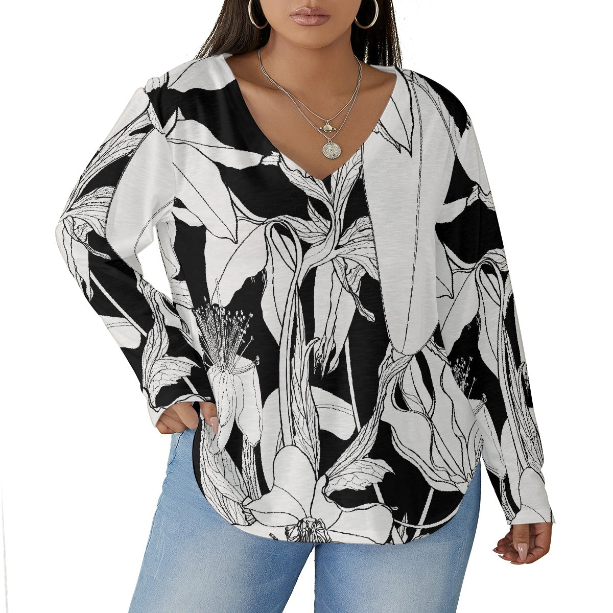 All-Over Print Women's V-neck T-shirt With Curved Hem(Plus Size)