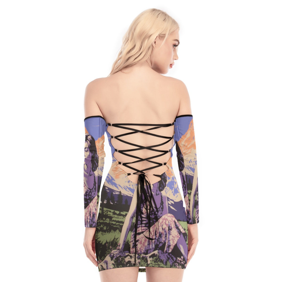 All-Over Print Women's Off-shoulder Back Lace-up Dress