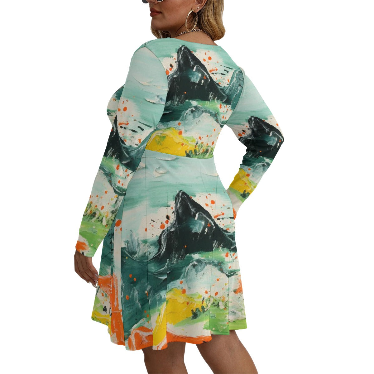 All-Over Print Women's V-neck Long Sleeve Dress(Plus Size)