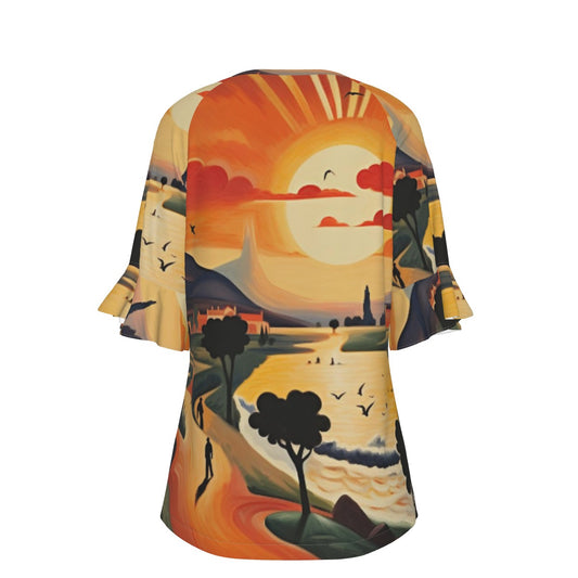 All-Over Print V-neck Women's T-shirt With Bell Sleeve