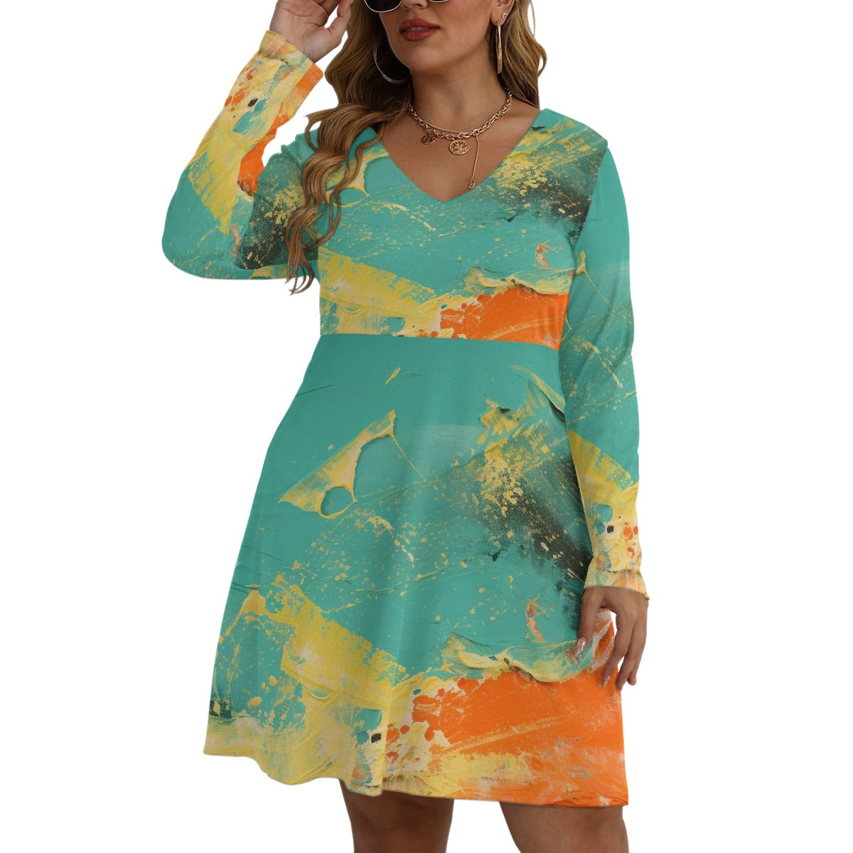 All-Over Print Women's V-neck Long Sleeve Dress(Plus Size)