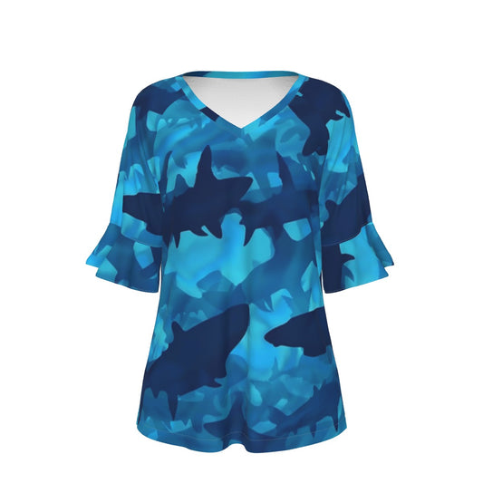 All-Over Print V-neck Women's T-shirt With Bell Sleeve