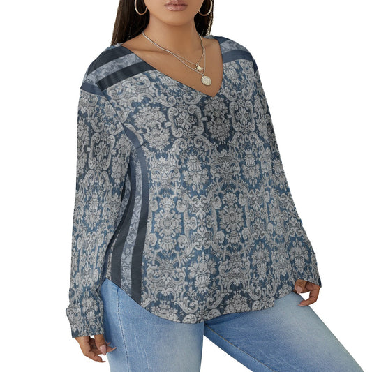 All-Over Print Women's V-neck T-shirt With Curved Hem(Plus Size)