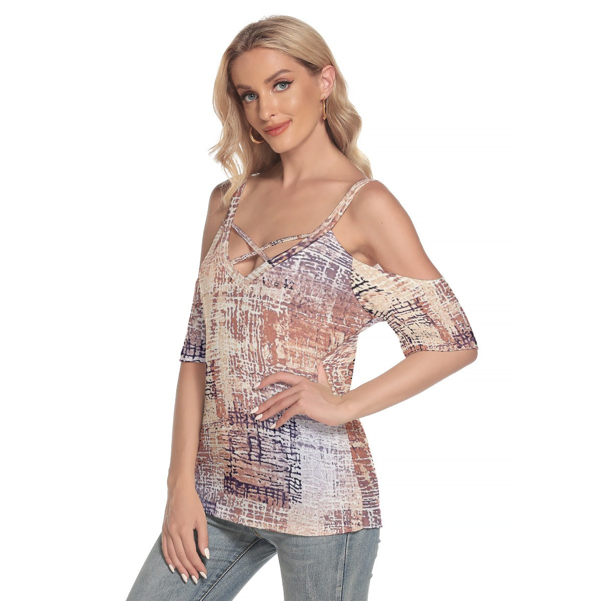 All-Over Print Women's Cold Shoulder T-shirt With Criss Cross Strips