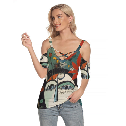 All-Over Print Women's Cold Shoulder T-shirt With Criss Cross Strips