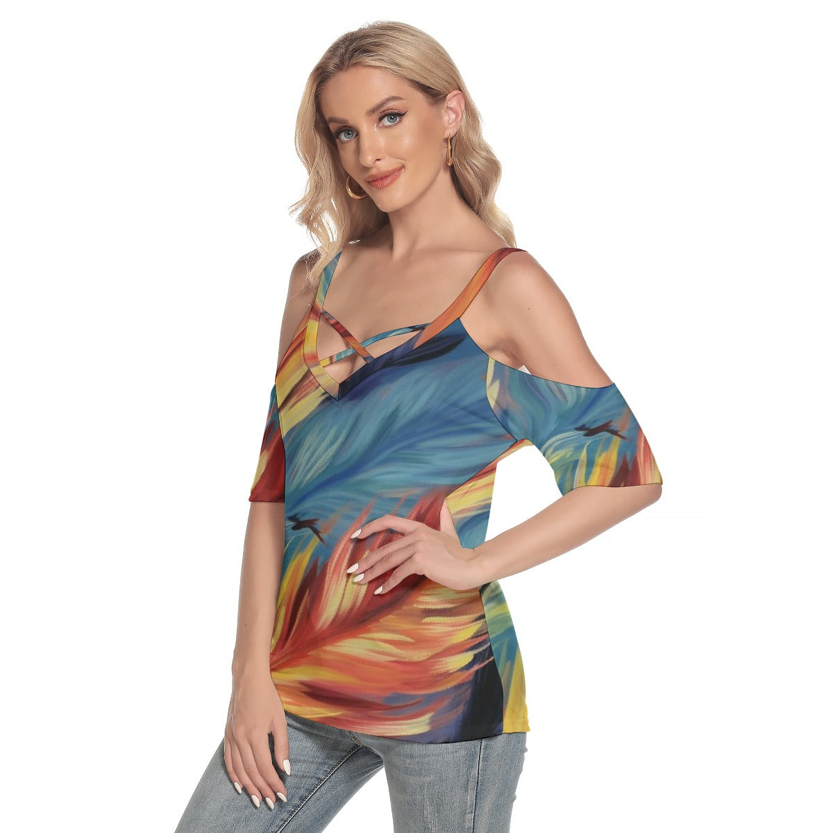 All-Over Print Women's Cold Shoulder T-shirt With Criss Cross Strips